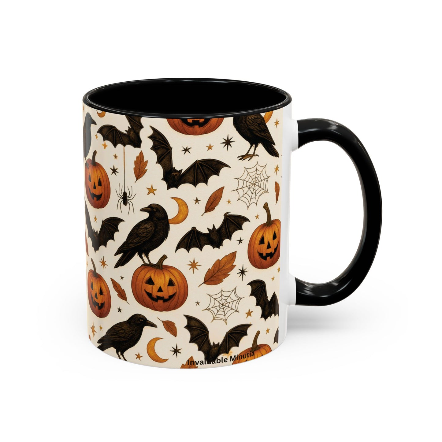 Halloween Raven & Pumpkin Color Accent Mug – Gothic Crow, Bats & Jack-o’-Lantern Coffee Cup (11oz & 15oz) – Spooky Autumn Drinkware