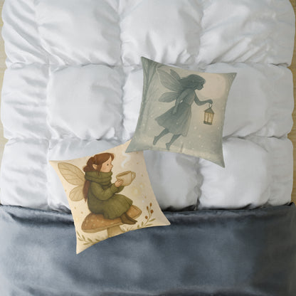Cozy Winter Fairy Throw Pillow – Tea on a Toadstool & Lantern Fairy Canvas Cushion