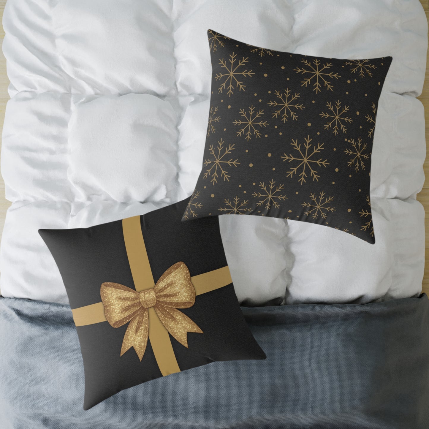 Black & Gold Gift Box Throw Pillow – Charcoal Present & Snowflake Canvas Cushion