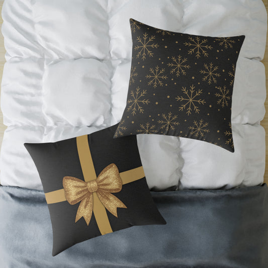 Black & Gold Gift Box Throw Pillow – Charcoal Present & Snowflake Canvas Cushion
