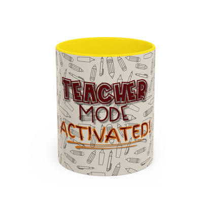 Funny Teacher Coffee Mug – Back to School Gift – “Teacher Mode Activated” – Color Accent 11oz 15oz – Classroom Decor – Durable Ceramic – Education Life
