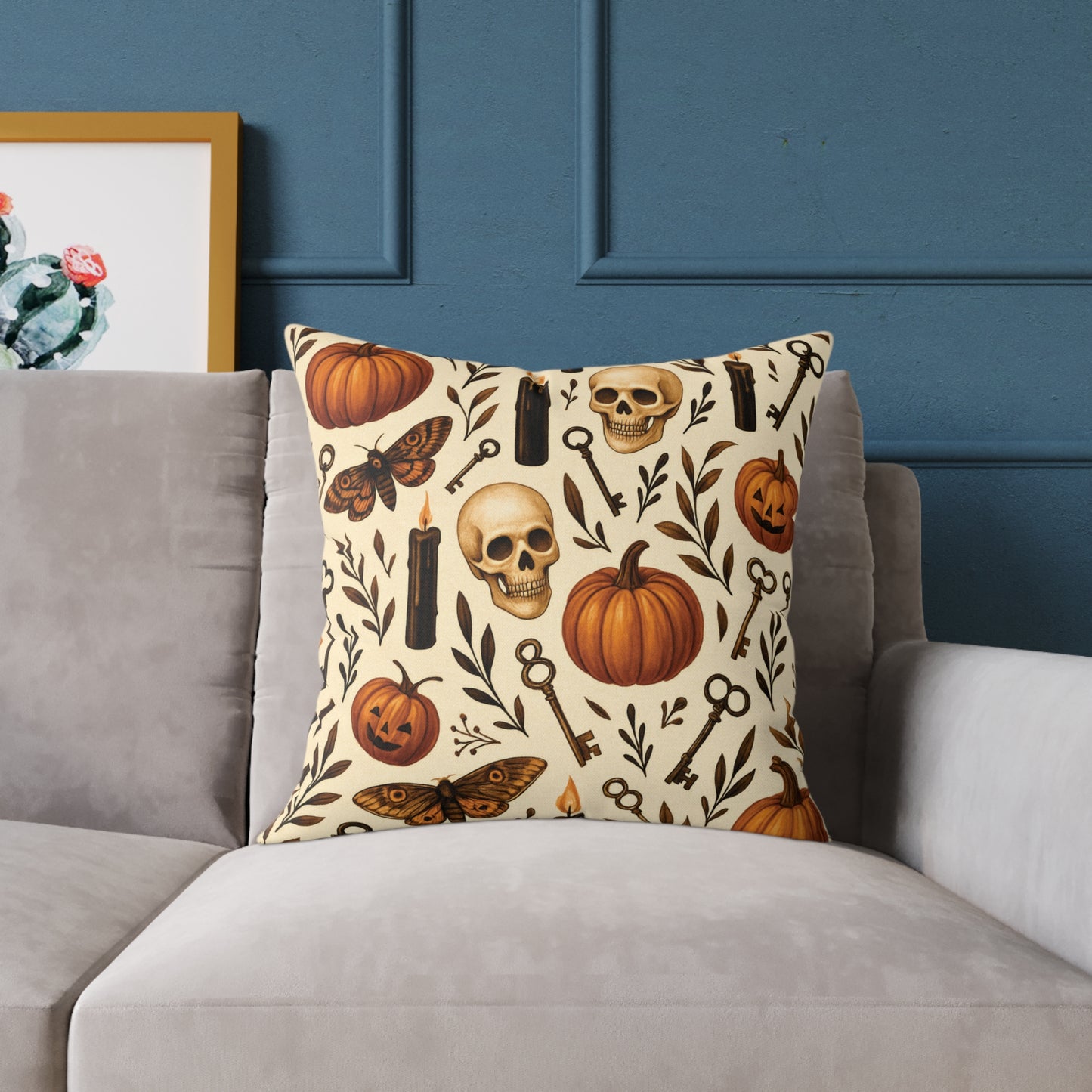 Gothic Halloween Throw Pillow – Colorway Poly Canvas – Reversible Plaid – Skulls, Moths & Black Candles – Premium Fall Decor