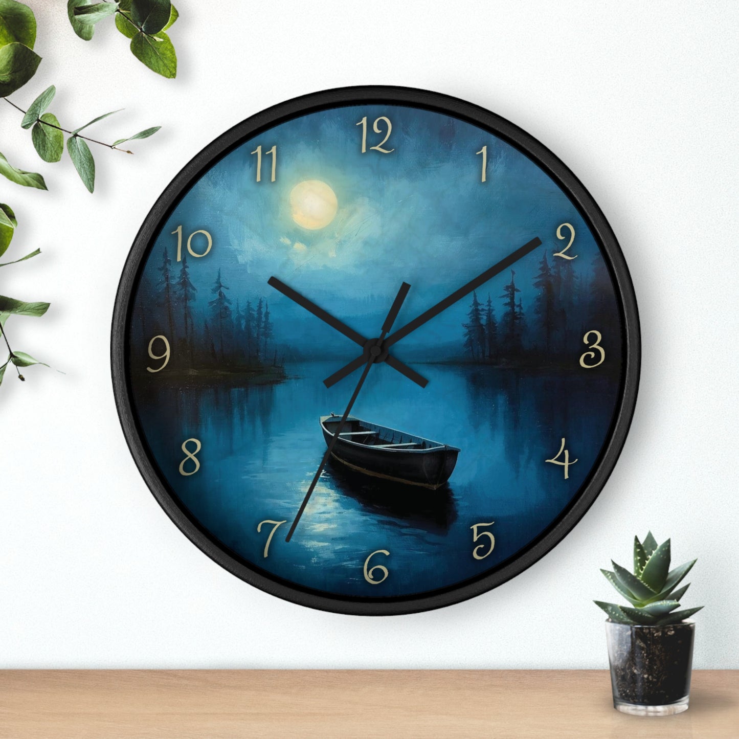 Moonlit Lake Wall Clock – Serene Night Boat Scene 10" Decor
