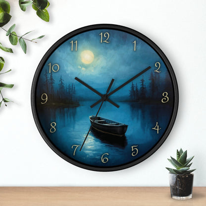 Moonlit Lake Wall Clock – Serene Night Boat Scene 10" Decor