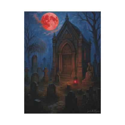 "Blood Moon Mausoleum" – Gothic Graveyard Fine Art Matte Canvas Print (Vertical)
