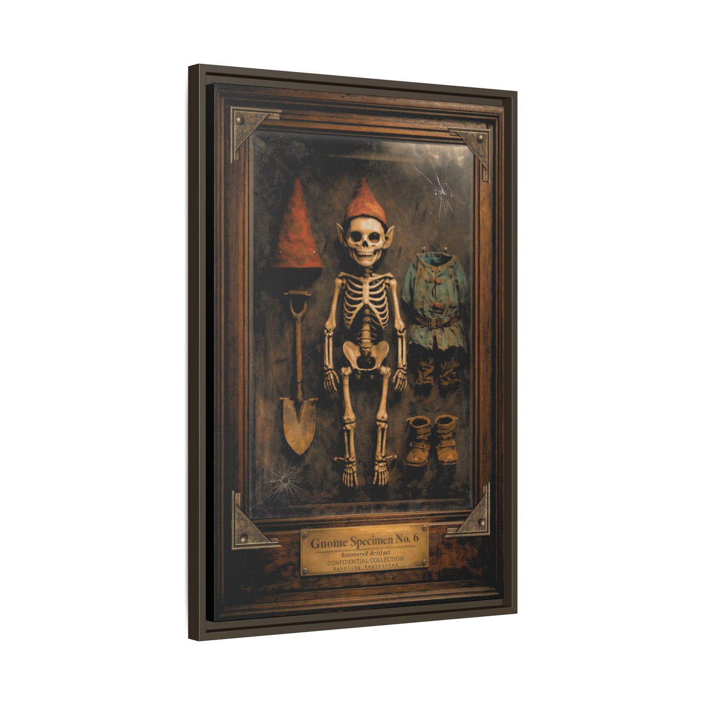 Gnome Specimen No. 6 Framed Canvas Print – Dark Curiosity Cabinet Wall Art, Gothic Skeleton Gnome Decor