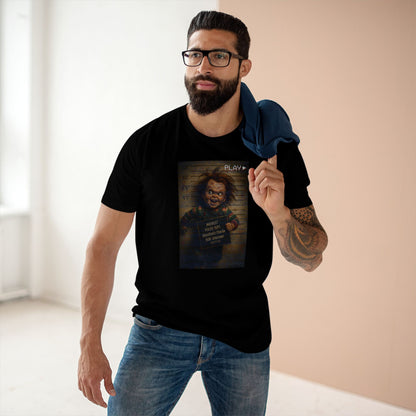 Creepy Killer Doll Mugshot T-Shirt – Halloween Horror Tee, Boutique DTG Print, Premium Cotton Tee, 90s VHS Aesthetic