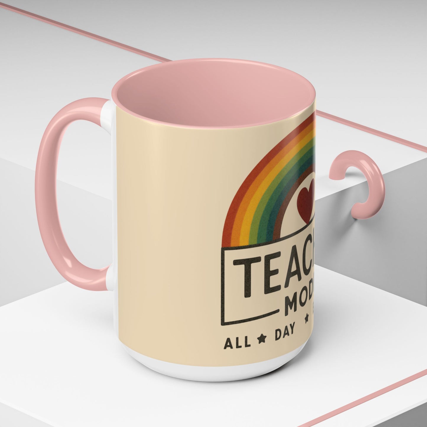 Teacher Mode – Color Accent Mug (11oz/15oz) • Rainbow Heart • Teacher Gift • Dishwasher & Microwave Safe