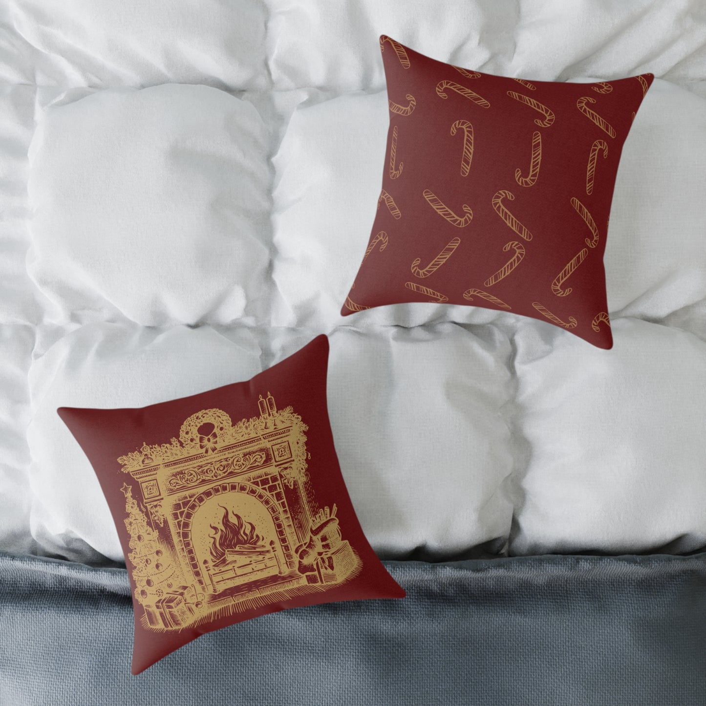 Vintage Fireplace Christmas Throw Pillow – Red & Gold Mantel with Candy Cane Pattern Back