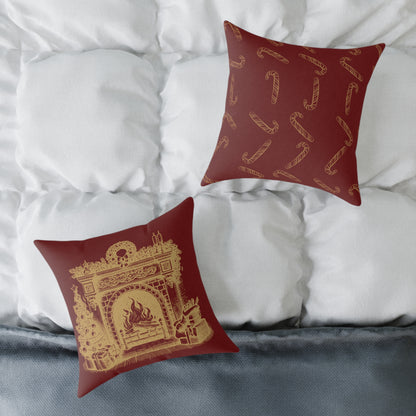 Vintage Fireplace Christmas Throw Pillow – Red & Gold Mantel with Candy Cane Pattern Back