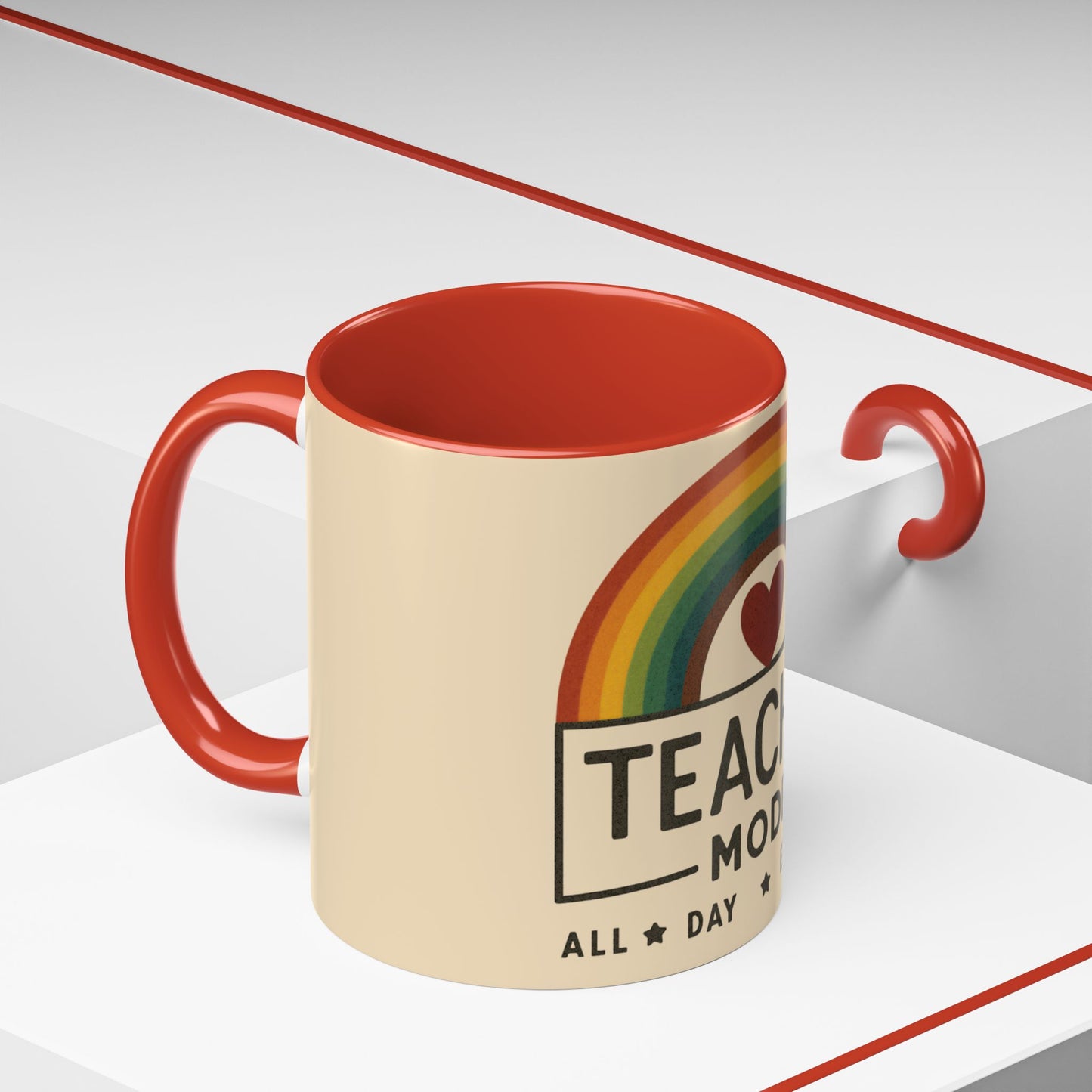 Teacher Mode – Color Accent Mug (11oz/15oz) • Rainbow Heart • Teacher Gift • Dishwasher & Microwave Safe