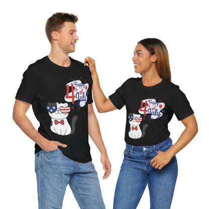 Patriotic Party Cat Tee – Happy 4th of July – Unisex Bella+Canvas Jersey Tee - 4th of July Tee