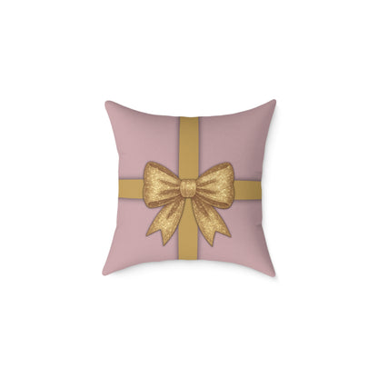 Blush Pink & Gold Gift Box Throw Pillow – Holiday Icon Pattern Canvas Cushion