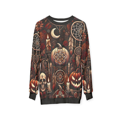 Midnight Samhain AOP Unisex Sweatshirt | Gothic Halloween Pumpkins, Candles & Dreamcatchers | Dark Fall Aesthetic | Free Worldwide Shipping