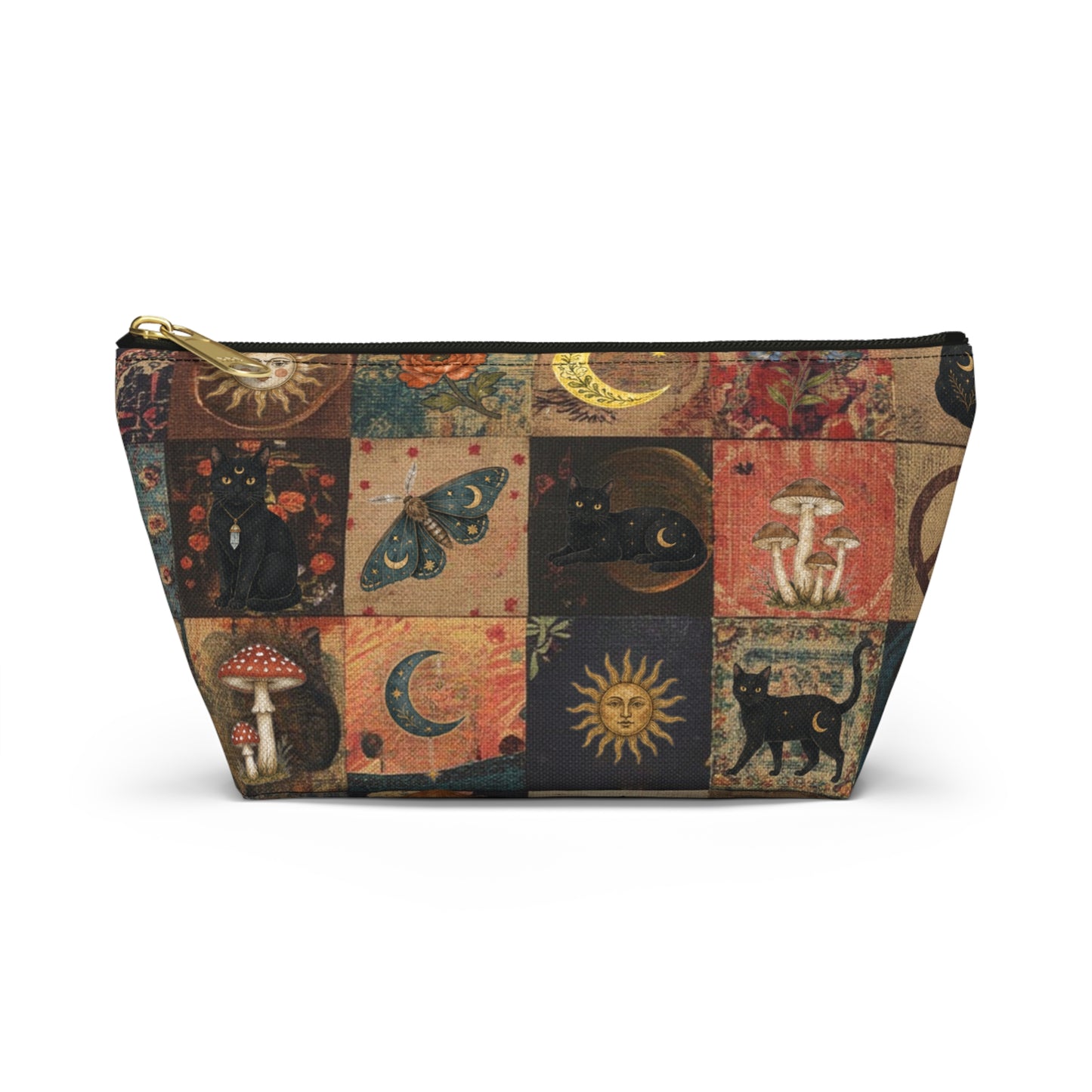 Witchy Patchwork Accessory Pouch – Black Cat Moon Mushroom Cosmetic Bag