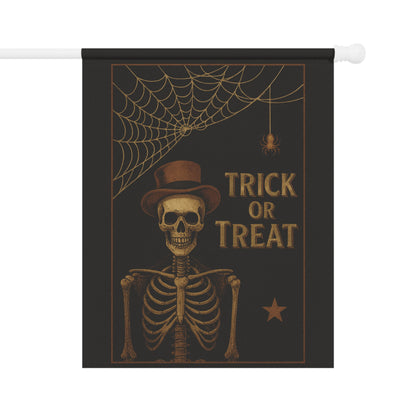 Trick or Treat Garden Flag – Skeleton in Top Hat with Spiderweb | Vintage Halloween Outdoor Banner