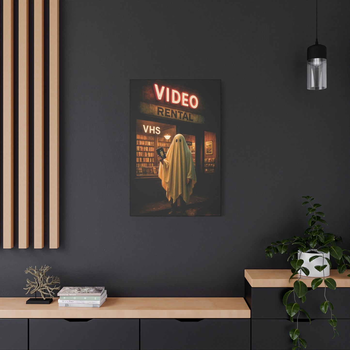 Retro Video Rental Ghost – VHS Nostalgia Matte Stretched Canvas Wall Art | 90s Spooky Decor