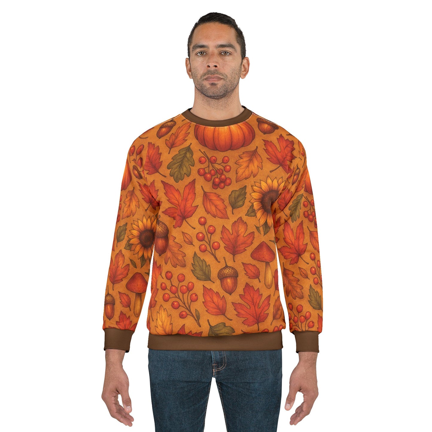 Autumn Harvest AOP Unisex Sweatshirt | Cozy Fall Leaves, Pumpkins & Sunflowers | All-Over Print | Free Worldwide Shipping