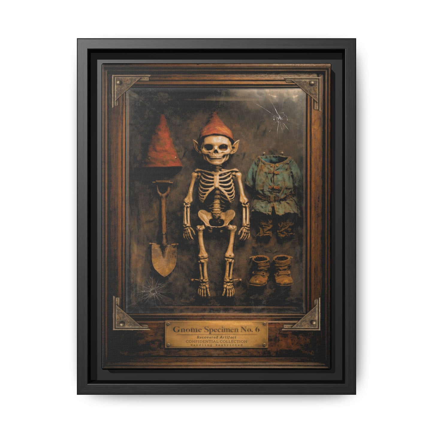 Gnome Specimen No. 6 Framed Canvas Print – Dark Curiosity Cabinet Wall Art, Gothic Skeleton Gnome Decor