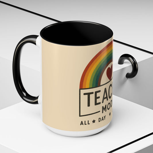 Teacher Mode – Color Accent Mug (11oz/15oz) • Rainbow Heart • Teacher Gift • Dishwasher & Microwave Safe