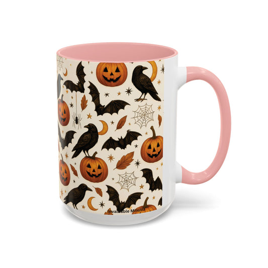 Halloween Raven & Pumpkin Color Accent Mug – Gothic Crow, Bats & Jack-o’-Lantern Coffee Cup (11oz & 15oz) – Spooky Autumn Drinkware