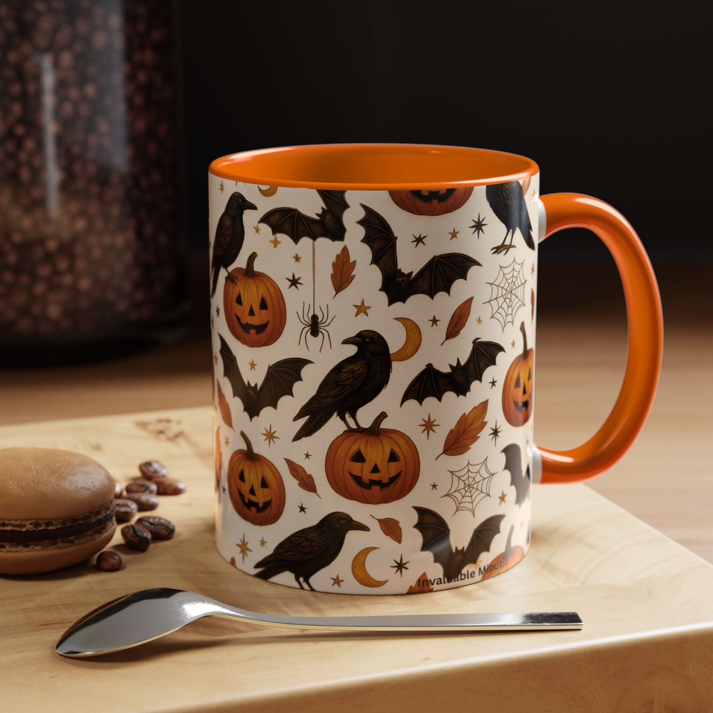 Halloween Raven & Pumpkin Color Accent Mug – Gothic Crow, Bats & Jack-o’-Lantern Coffee Cup (11oz & 15oz) – Spooky Autumn Drinkware
