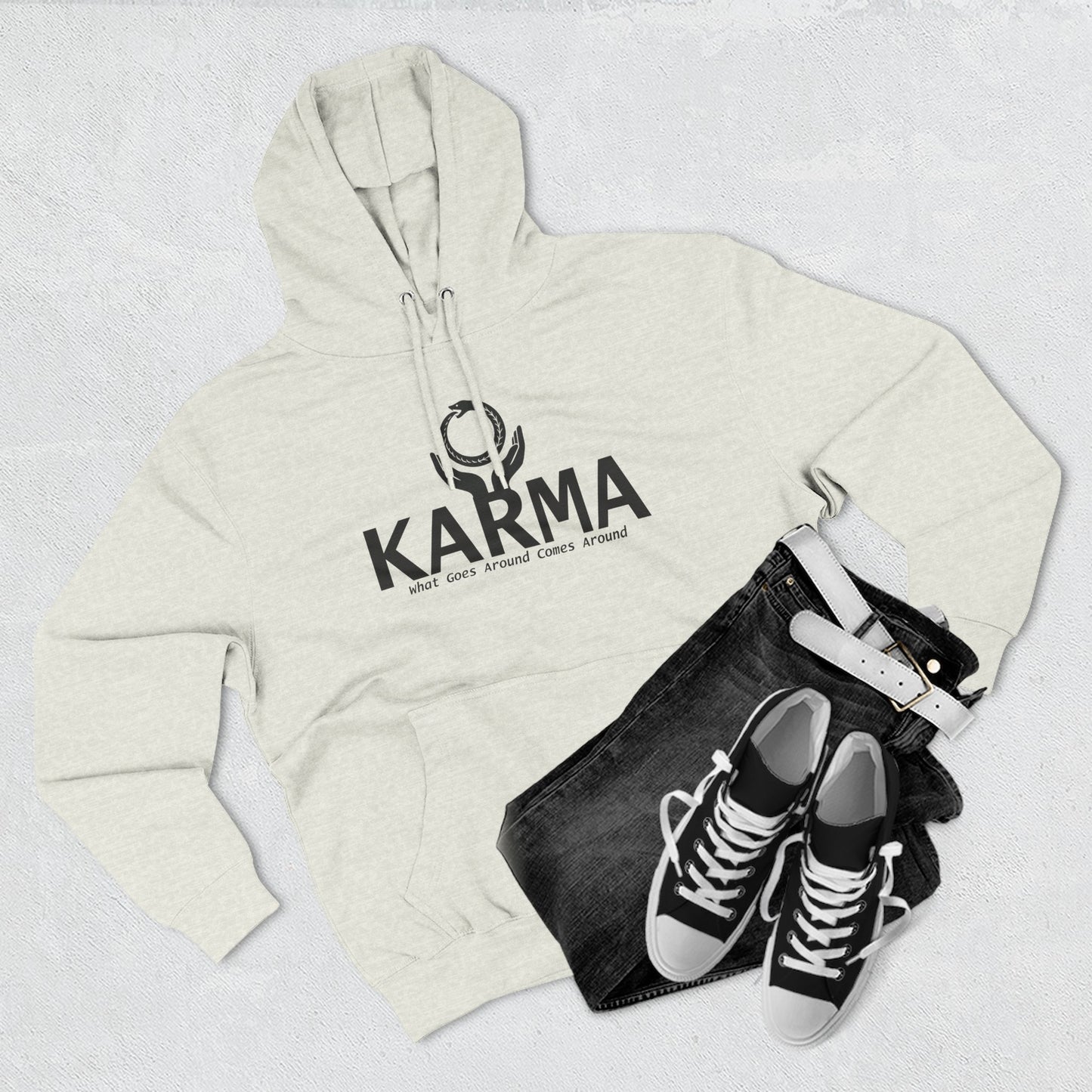 Karma Hoodie — “What Goes Around Comes Around” Minimalist Spiritual Quote Hoodie (Lane Seven Premium Fleece)