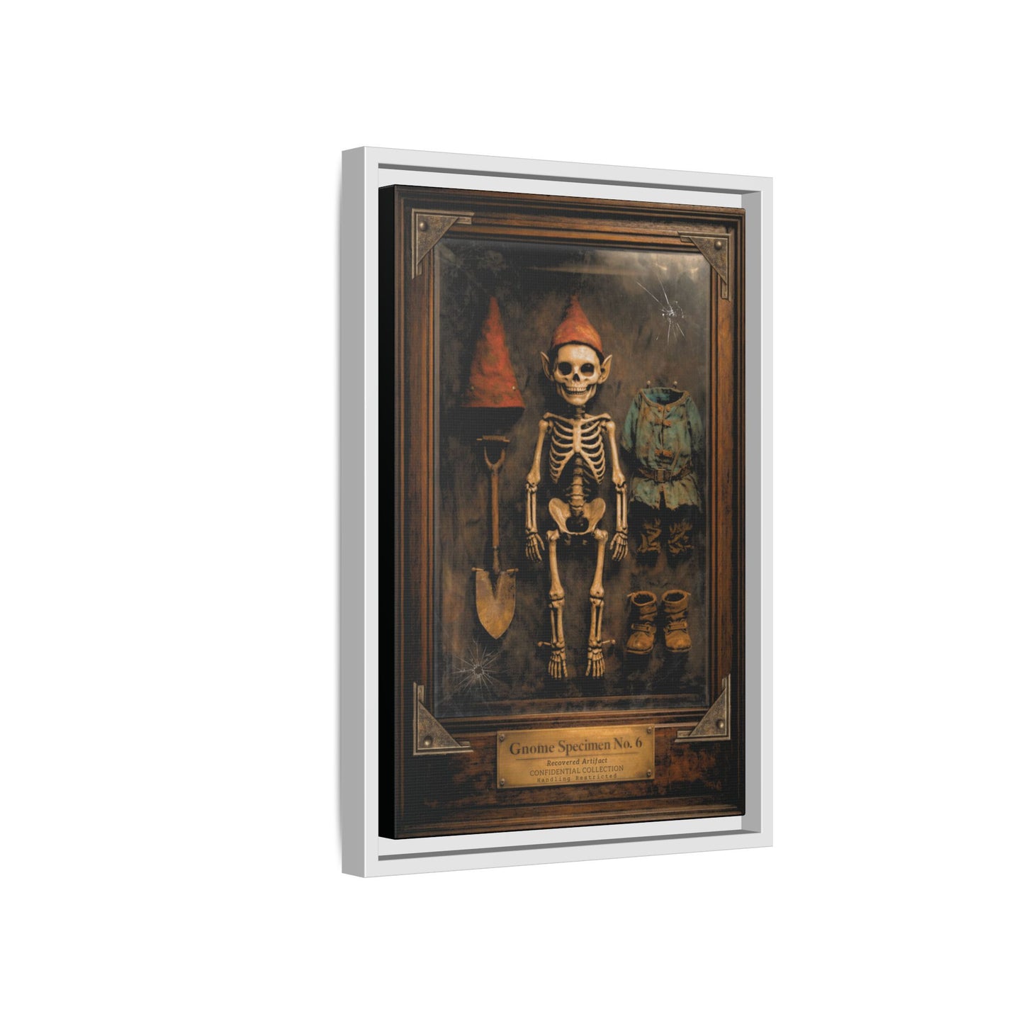 Gnome Specimen No. 6 Framed Canvas Print – Dark Curiosity Cabinet Wall Art, Gothic Skeleton Gnome Decor