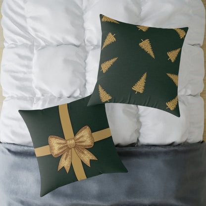 Emerald Gift Box Throw Pillow – Green & Gold Present with Pine Tree Pattern Back