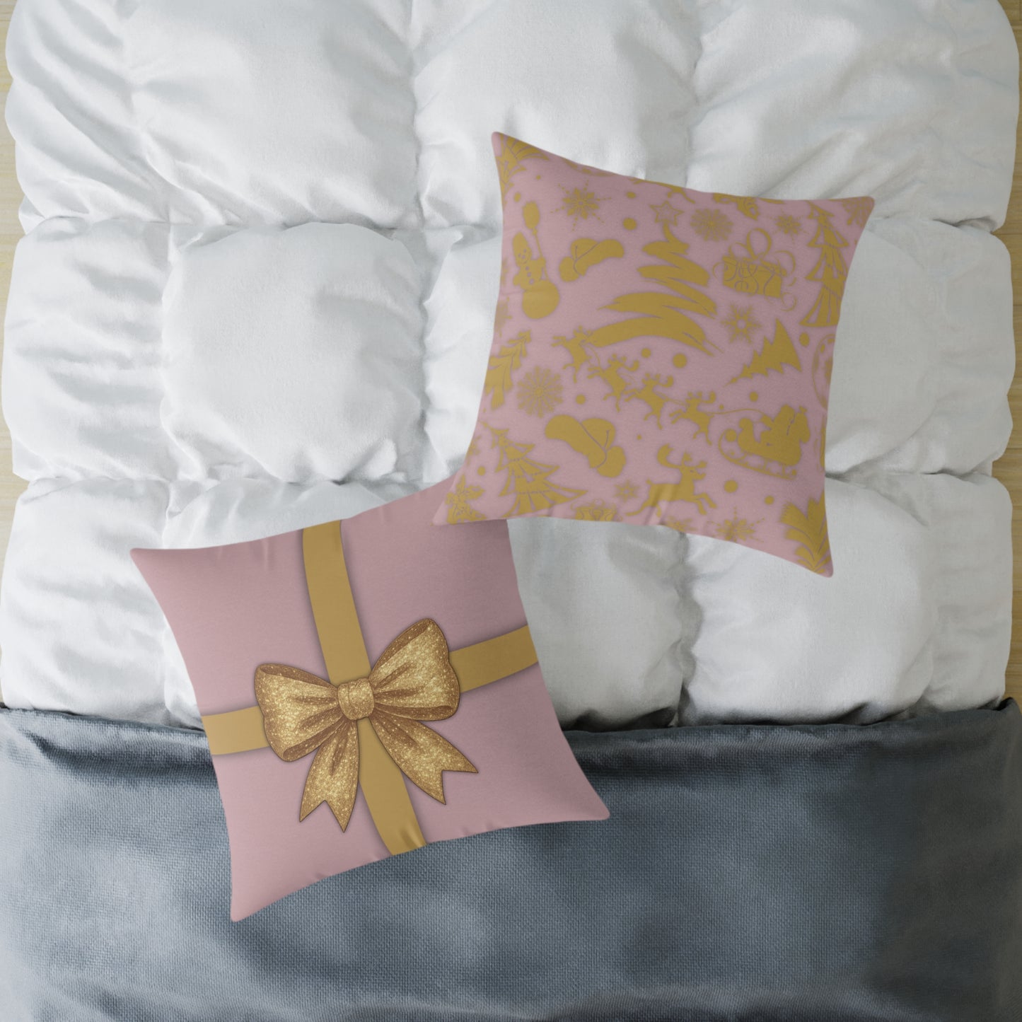 Blush Pink & Gold Gift Box Throw Pillow – Holiday Icon Pattern Canvas Cushion