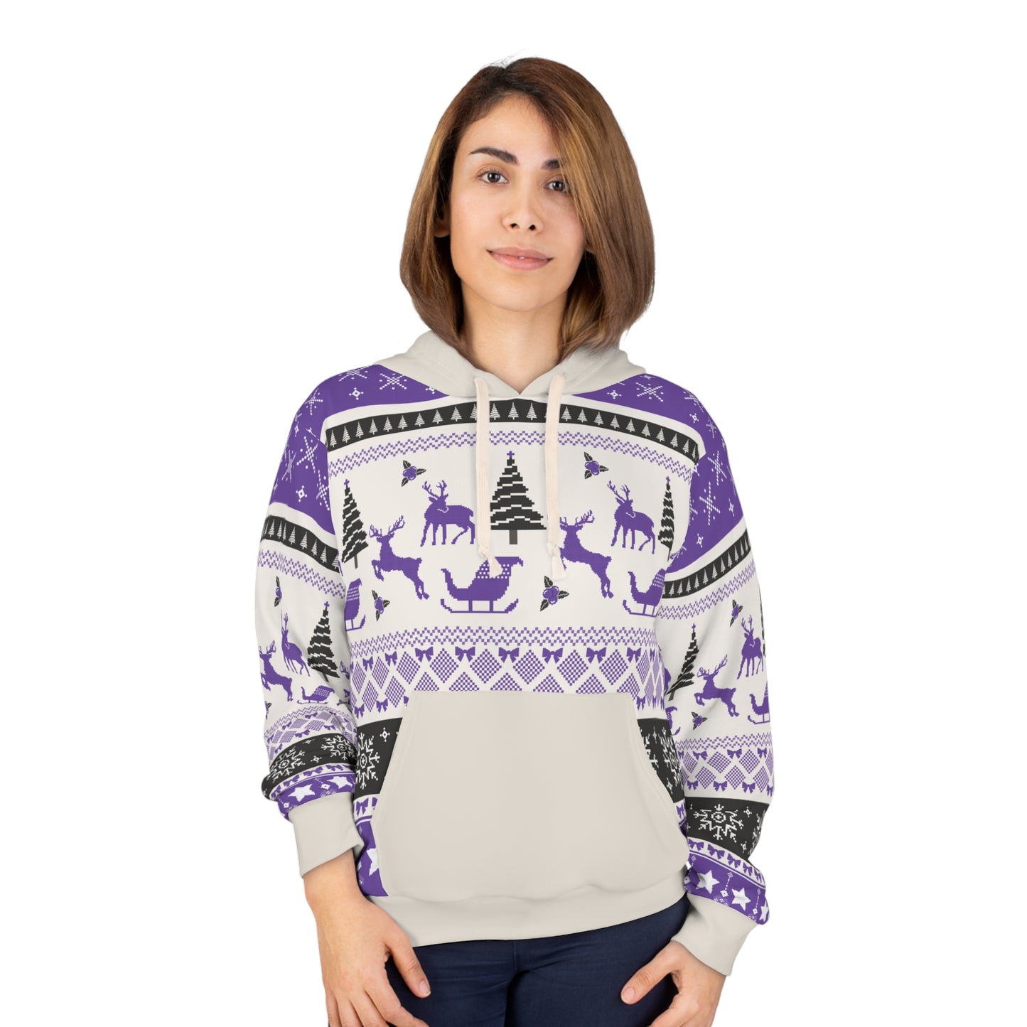 Purple Nordic Reindeer AOP Hoodie – Cozy Fair Isle Winter Holiday Pullover