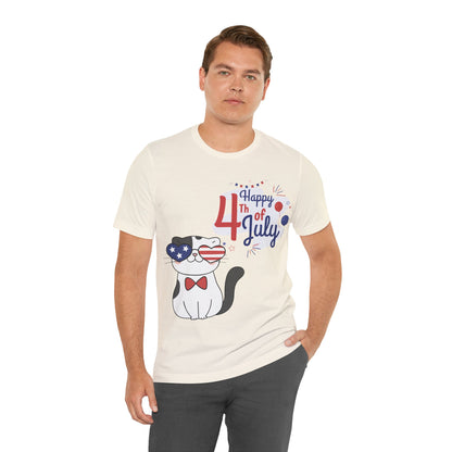 Patriotic Party Cat Tee – Happy 4th of July – Unisex Bella+Canvas Jersey Tee - 4th of July Tee