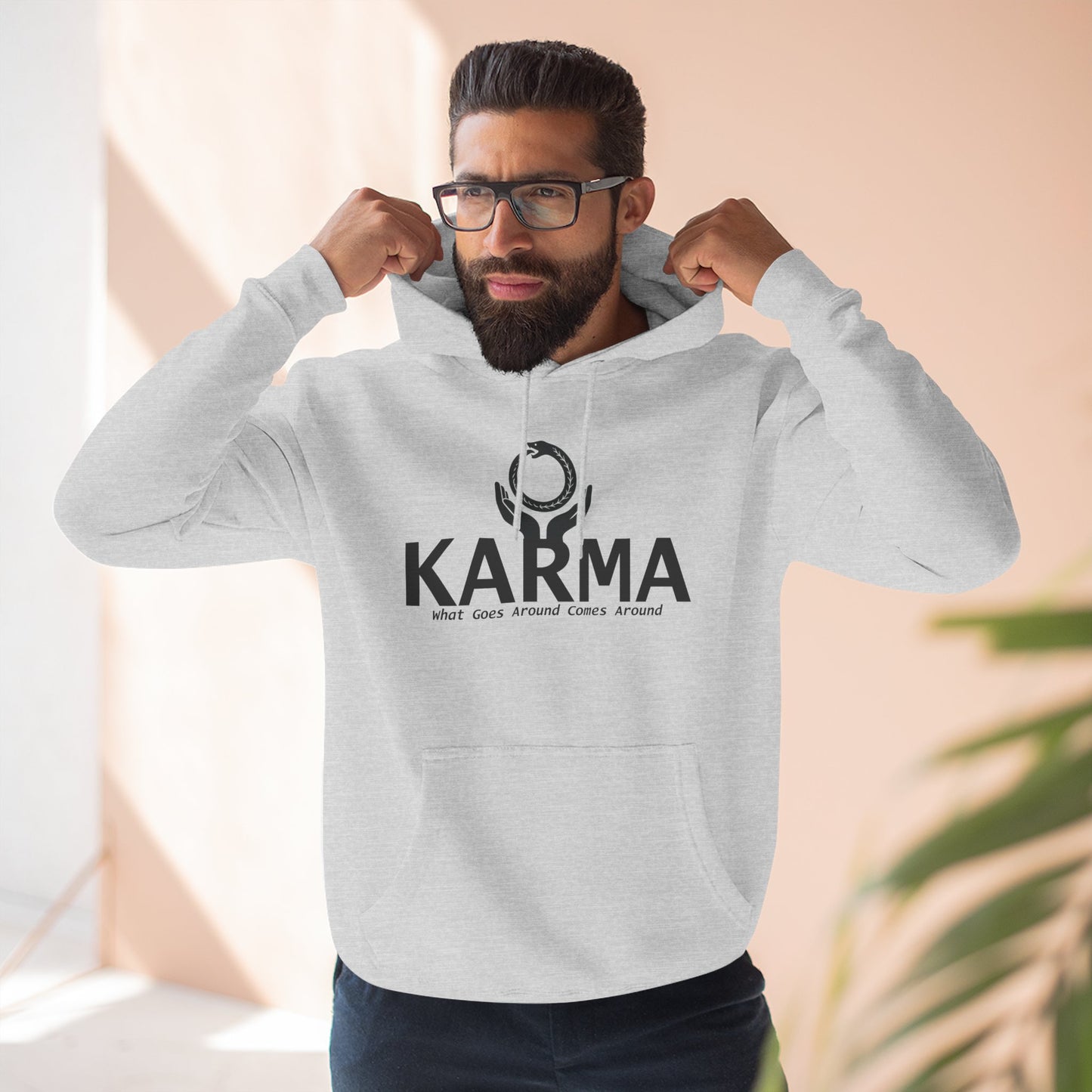 Karma Hoodie — “What Goes Around Comes Around” Minimalist Spiritual Quote Hoodie (Lane Seven Premium Fleece)