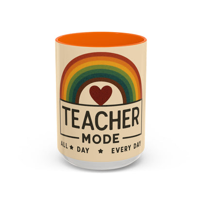 Teacher Mode – Color Accent Mug (11oz/15oz) • Rainbow Heart • Teacher Gift • Dishwasher & Microwave Safe
