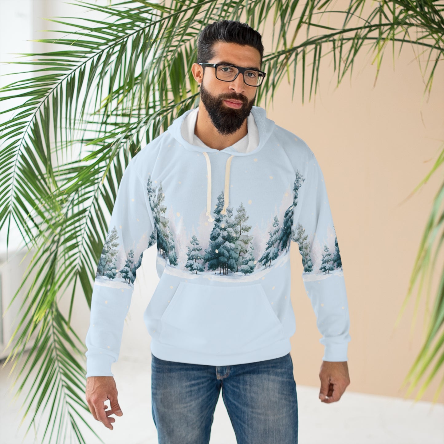 Winter Pines AOP Hoodie – Snowy Christmas Tree Unisex Holiday Pullover