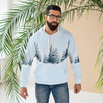 Winter Pines AOP Hoodie – Snowy Christmas Tree Unisex Holiday Pullover