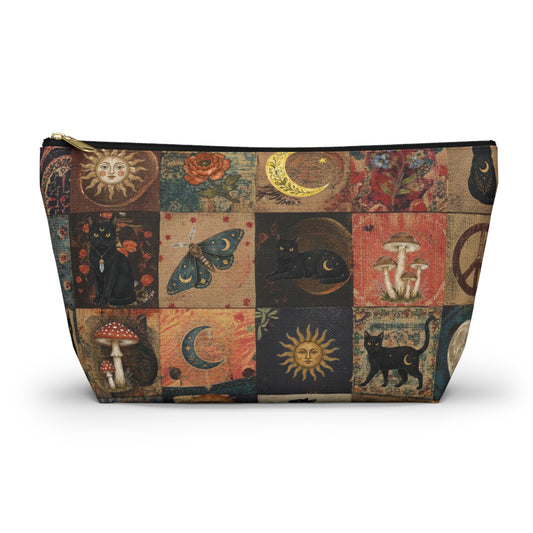 Witchy Patchwork Accessory Pouch – Black Cat Moon Mushroom Cosmetic Bag