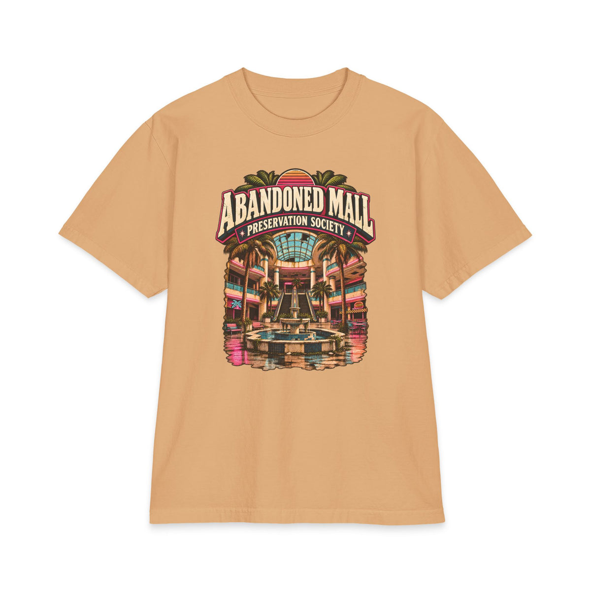 Khaki Shaka Wear heavyweight T-shirt with Abandoned Mall Preservation Society abandoned mall artwork.