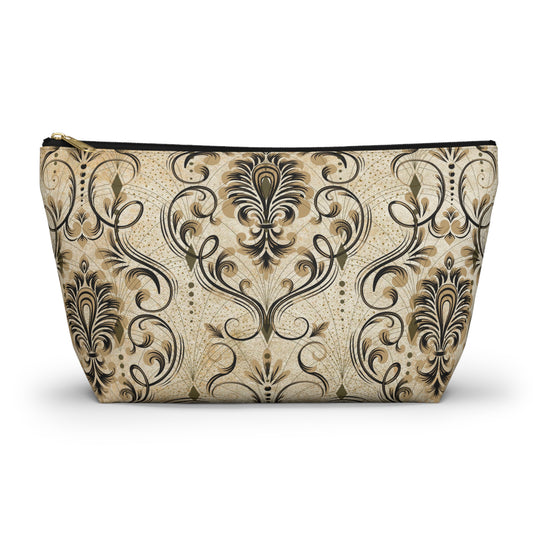 Vintage Damask T-Bottom Pouch • Ornate Gold Baroque Makeup or Travel Bag • Small or Large Sizes