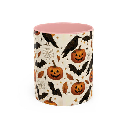 Halloween Raven & Pumpkin Color Accent Mug – Gothic Crow, Bats & Jack-o’-Lantern Coffee Cup (11oz & 15oz) – Spooky Autumn Drinkware