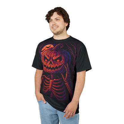 Skeleton Pumpkin Head AOP Halloween T-Shirt – Neon Spooky Jack-o’-Lantern Extra Large Print Tee (All-Over Print)