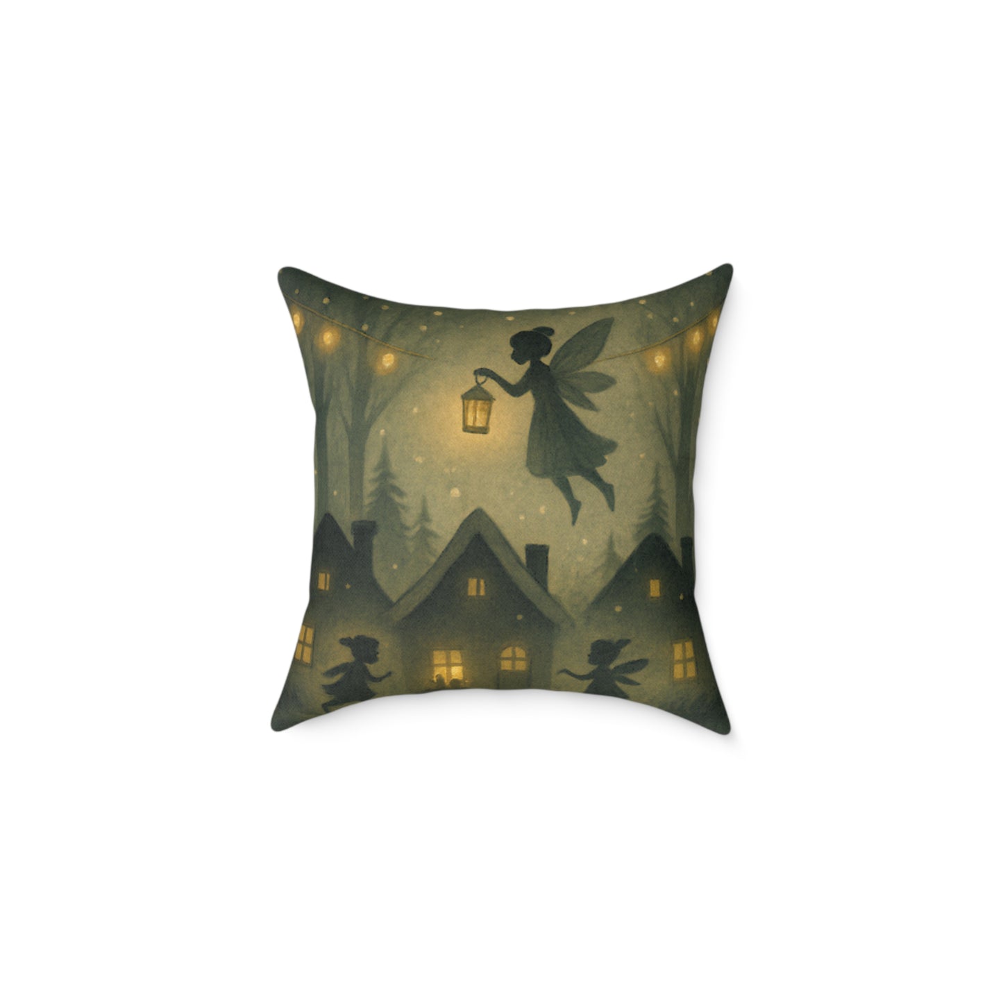 Winter Night Fairies Throw Pillow – Lantern Village Scene Dual-Sided Canvas Cushion