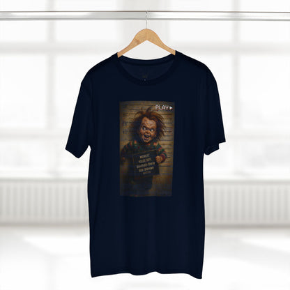 Creepy Killer Doll Mugshot T-Shirt – Halloween Horror Tee, Boutique DTG Print, Premium Cotton Tee, 90s VHS Aesthetic