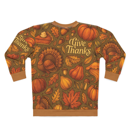 Give Thanks AOP Unisex Sweatshirt | Thanksgiving Pumpkins, Turkeys & Pie | Fall Gratitude Sweater | Free Worldwide Shipping