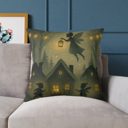 Winter Night Fairies Throw Pillow – Lantern Village Scene Dual-Sided Canvas Cushion