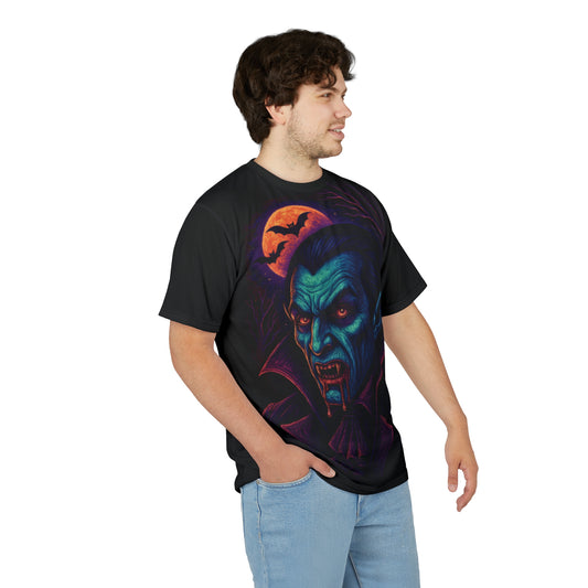 Vampire AOP Halloween T-Shirt – Neon Bloodthirsty Count Extra Large Print Tee (All-Over Print)