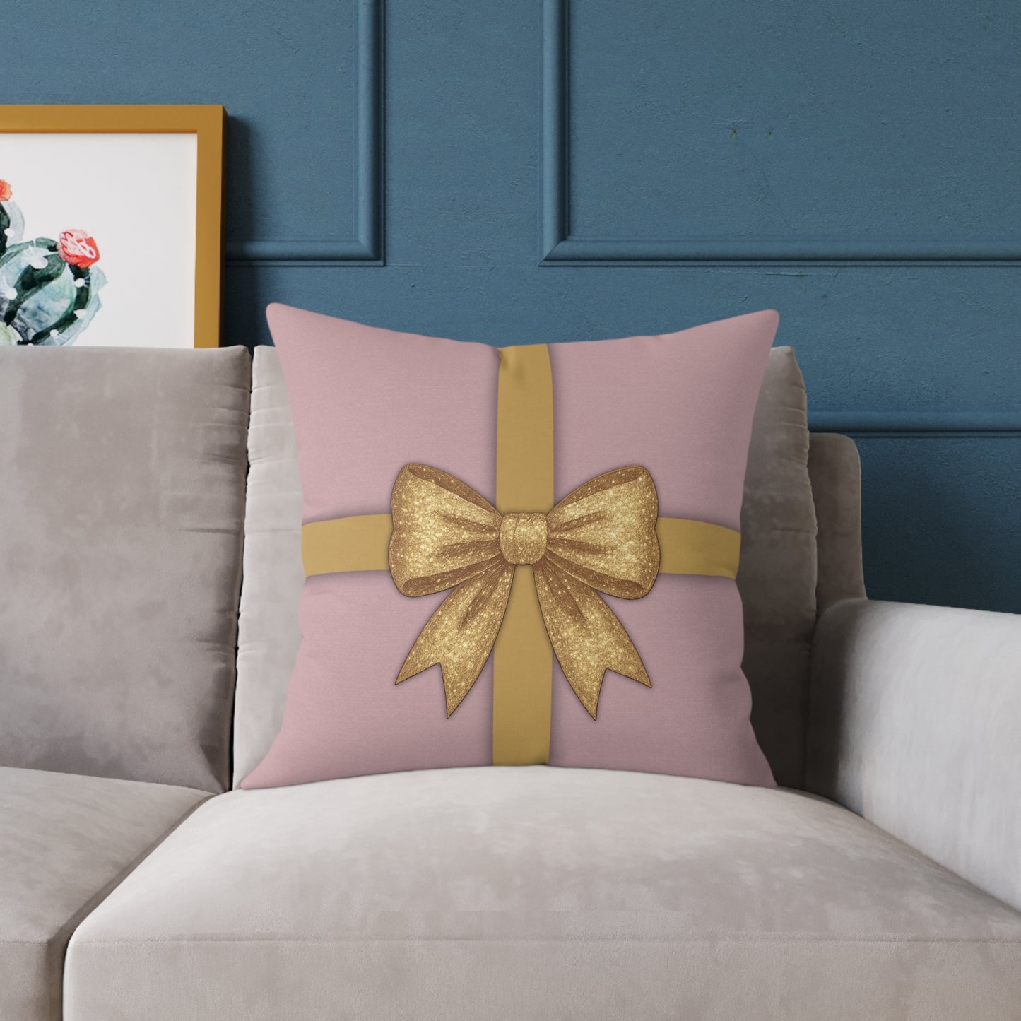 Blush Pink & Gold Gift Box Throw Pillow – Holiday Icon Pattern Canvas Cushion
