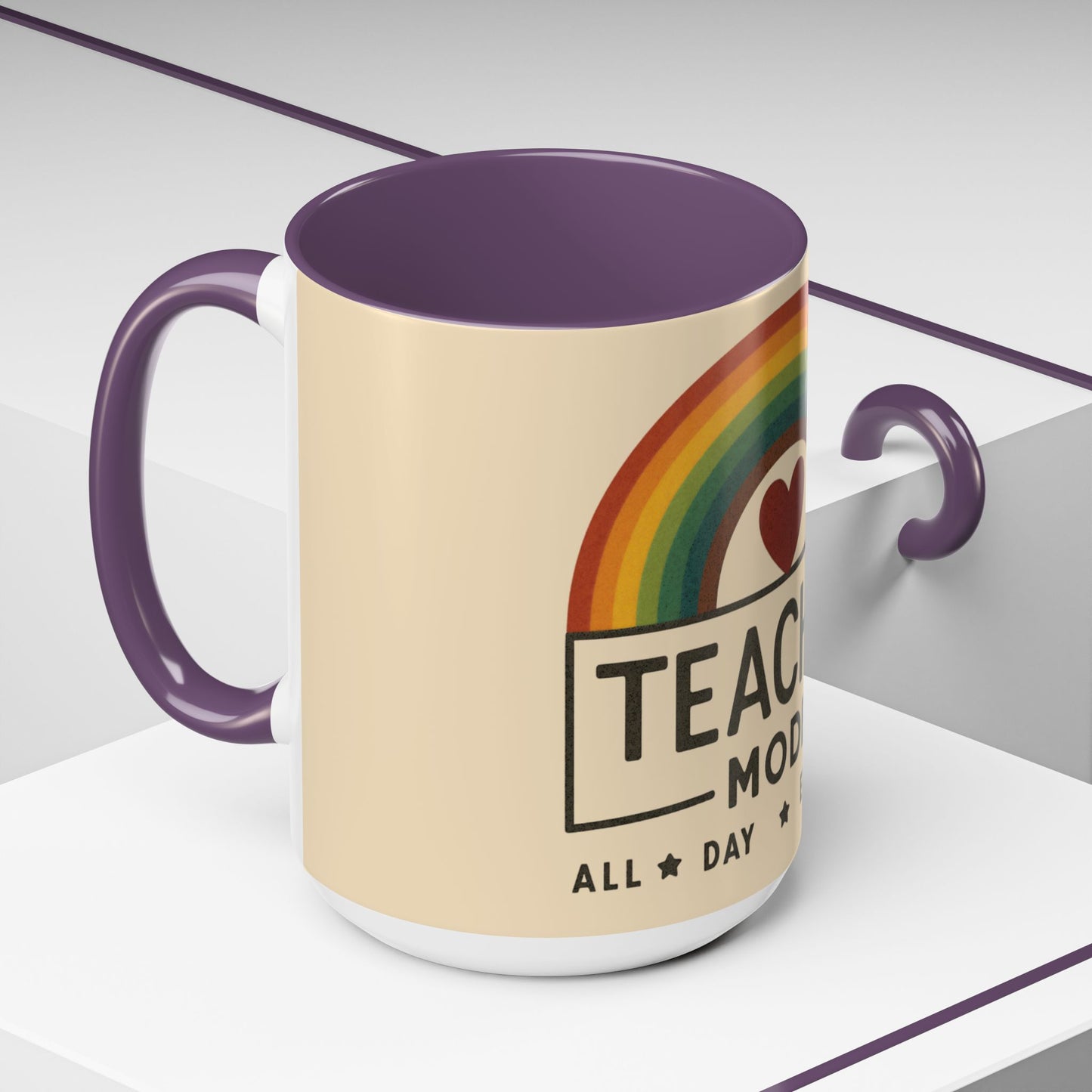 Teacher Mode – Color Accent Mug (11oz/15oz) • Rainbow Heart • Teacher Gift • Dishwasher & Microwave Safe