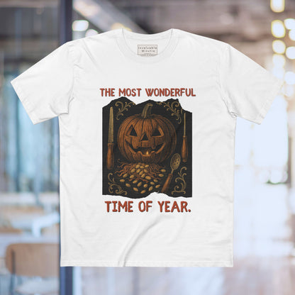 Halloween Jack-O’-Lantern Tee – “The Most Wonderful Time of Year” Vintage Pumpkin Carving Shirt | AS Colour 5001 Unisex