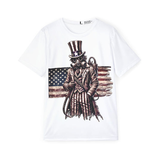 Camiseta de máscara de gas del Tío Sam - Camiseta deportiva de estilo distópico americano (unisex, AOP) que absorbe la humedad